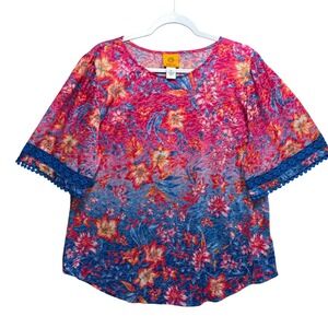 Ruby Rd Womens XL Pink Blue Ombre Floral Crochet Lace Pom Pom Trim Blouse Top